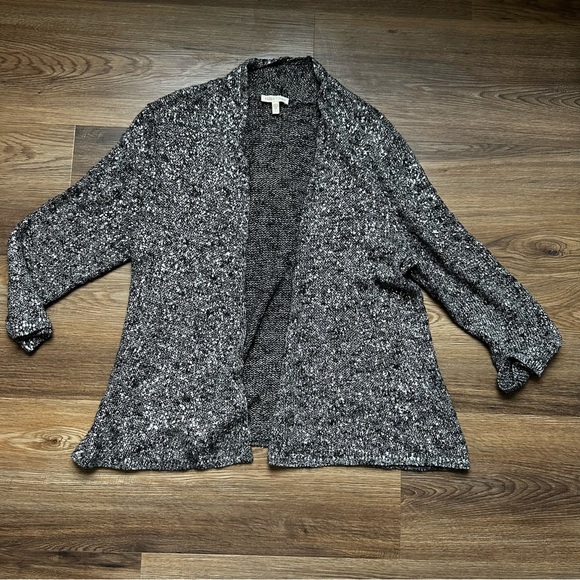 Eileen Fisher Women SZ L Black & Silver Metallic Linen Blend Open Cardigan Shiny - Picture 1 of 6
